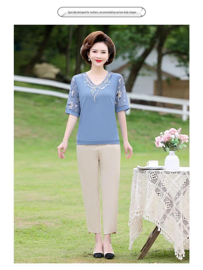 Mom's Summer Chiffon Short Sleeve Top: Stylish 2025 T-Shirt for Middle-Aged & Elderly Women