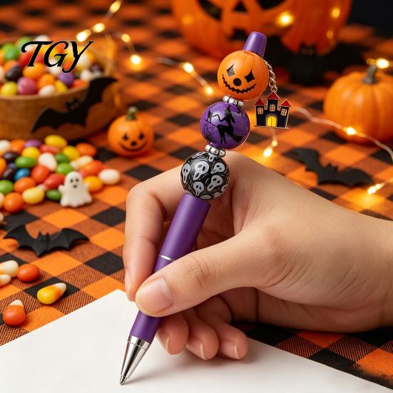 Handmade Wooden Writing Pens 6PCS Halloween Beadable Pen Kit, DIY Ballpoint with Pumpkin Witch Unique Ghost Theme Beads, Creative Smooth for