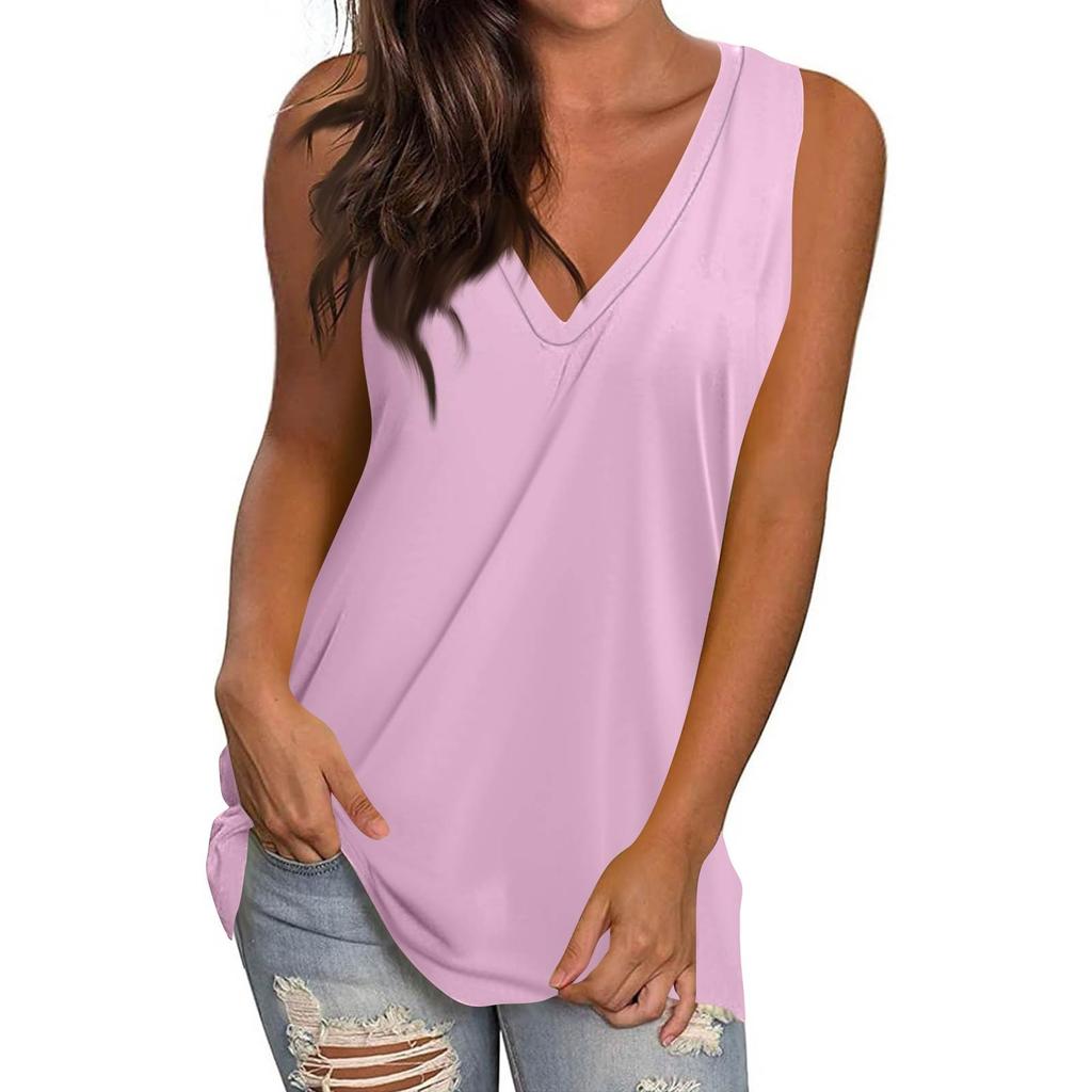 Women's Casual Fashion V-Neck Sleeveless Top Solid Color Vest T-Shirt
