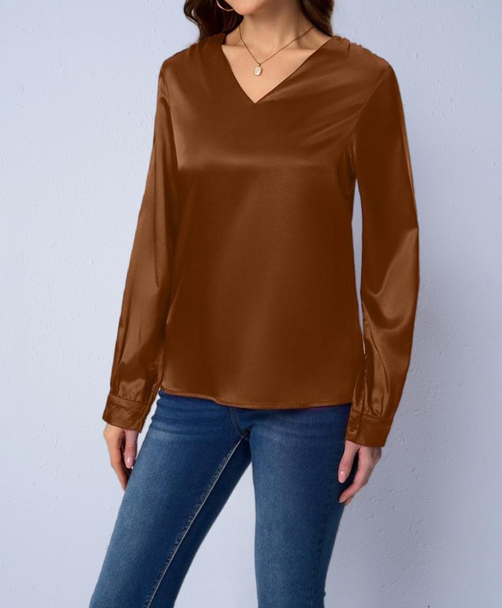 

Women s Imitation Silk Satin V-neck Pleated Shirt - Long Sleeve Casual Loose Fit for Spring/Autumn. M