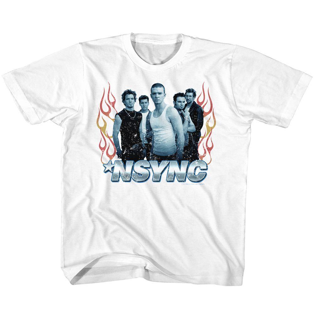 Kids NSYNC Band Photo Flames White Pop Music Boy Band Shirt XL