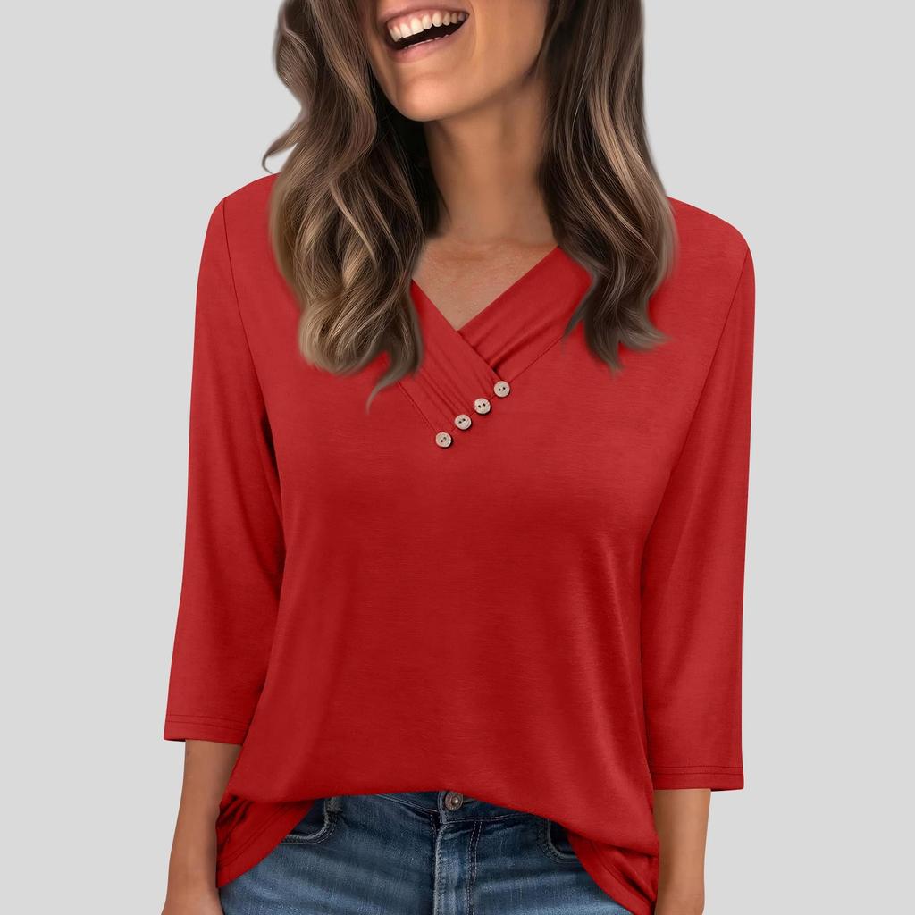 T-shirt pour femme T-shirt Bouton Manches 3/4 Tunique Mode Quotidienne Week-end Basique Col V Coupe Régulière