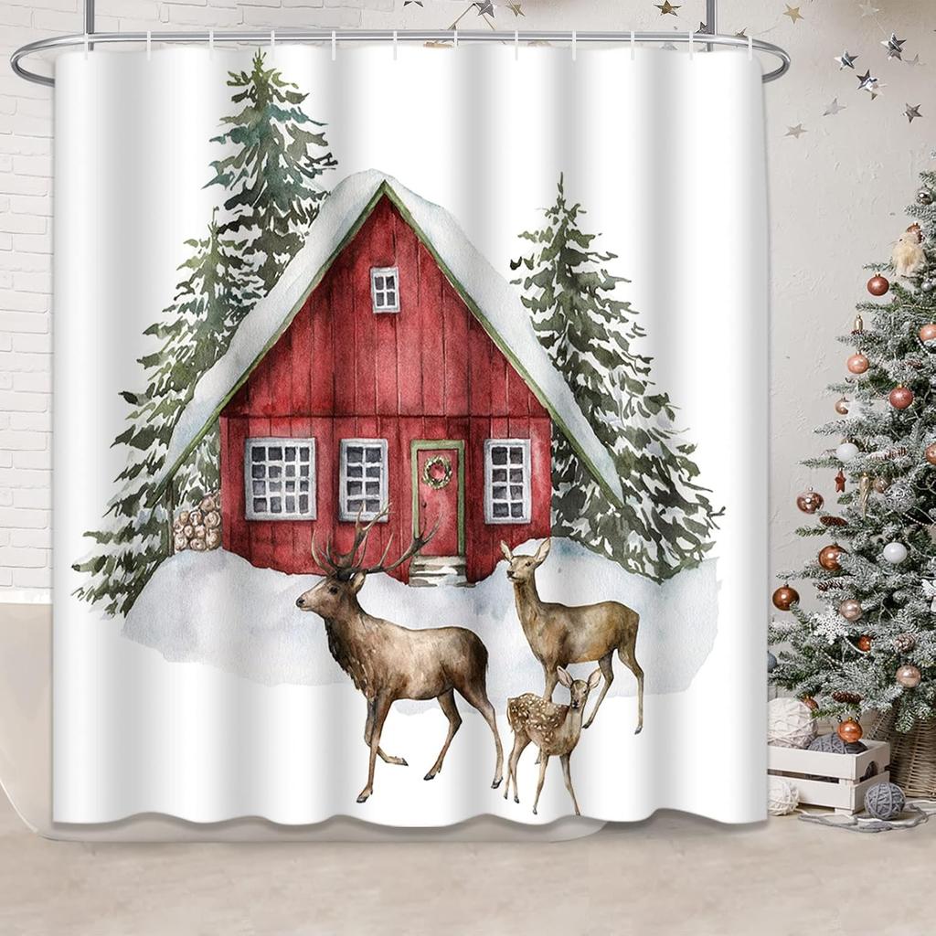 Christmas Shower Curtain, Red House and Deers in Forest Winter Waterproof Fabric Bathroom White Shower Curtain Set with