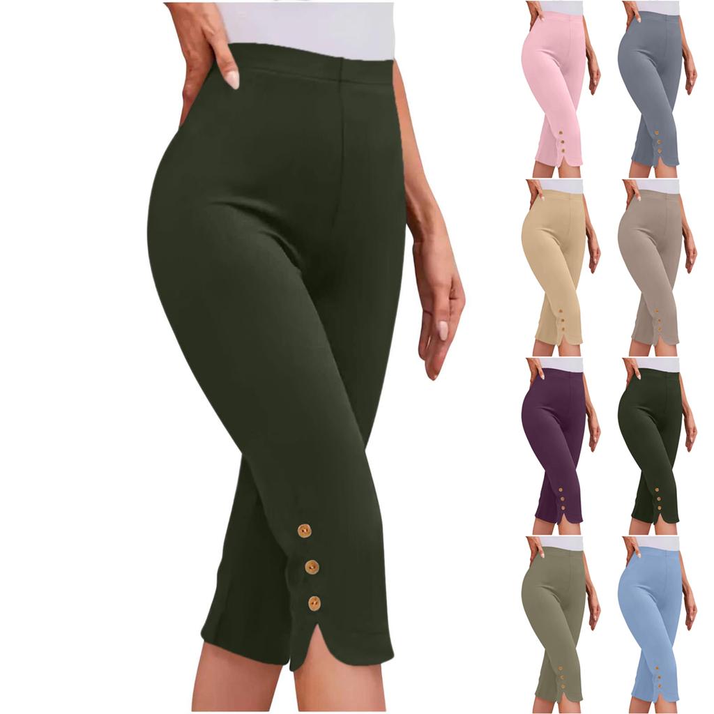Women's Fashionable Solid Color High Waist Slimming Casual Elastic Waist Bottom Cropped Pants
