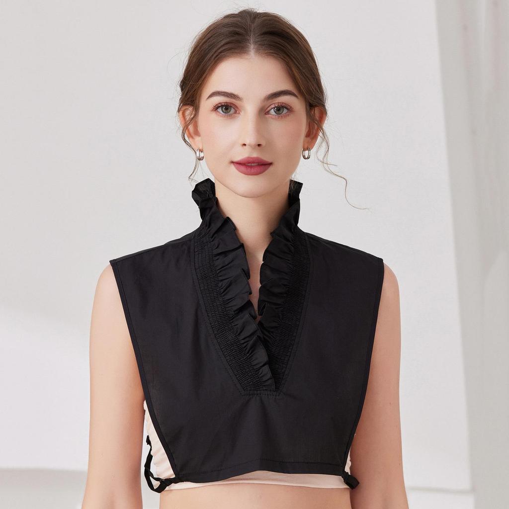 Ruffled Edge Cotton Deep V-Neck Fake Collar for Girls – Decorative Collar for Sweaters and Cardigans (White, Autumn/Winter)