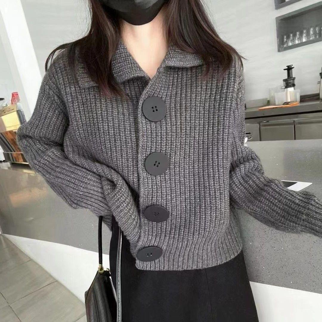 

Корейский вязаный кардиган с лацканами для женщин на весну и осень 202, свободный крой с длинными рукавами, модный свитер, кардиган, женские топы One Size серый