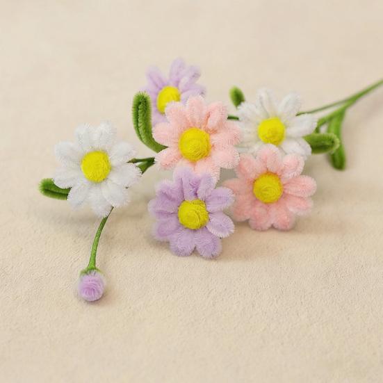 Handmade Pipe Cleaner Flower with Leaves 6 Head Finished Preserved Fake Flower Plush Twist Stick Floral Decoration Wedding Anniversary Mother's