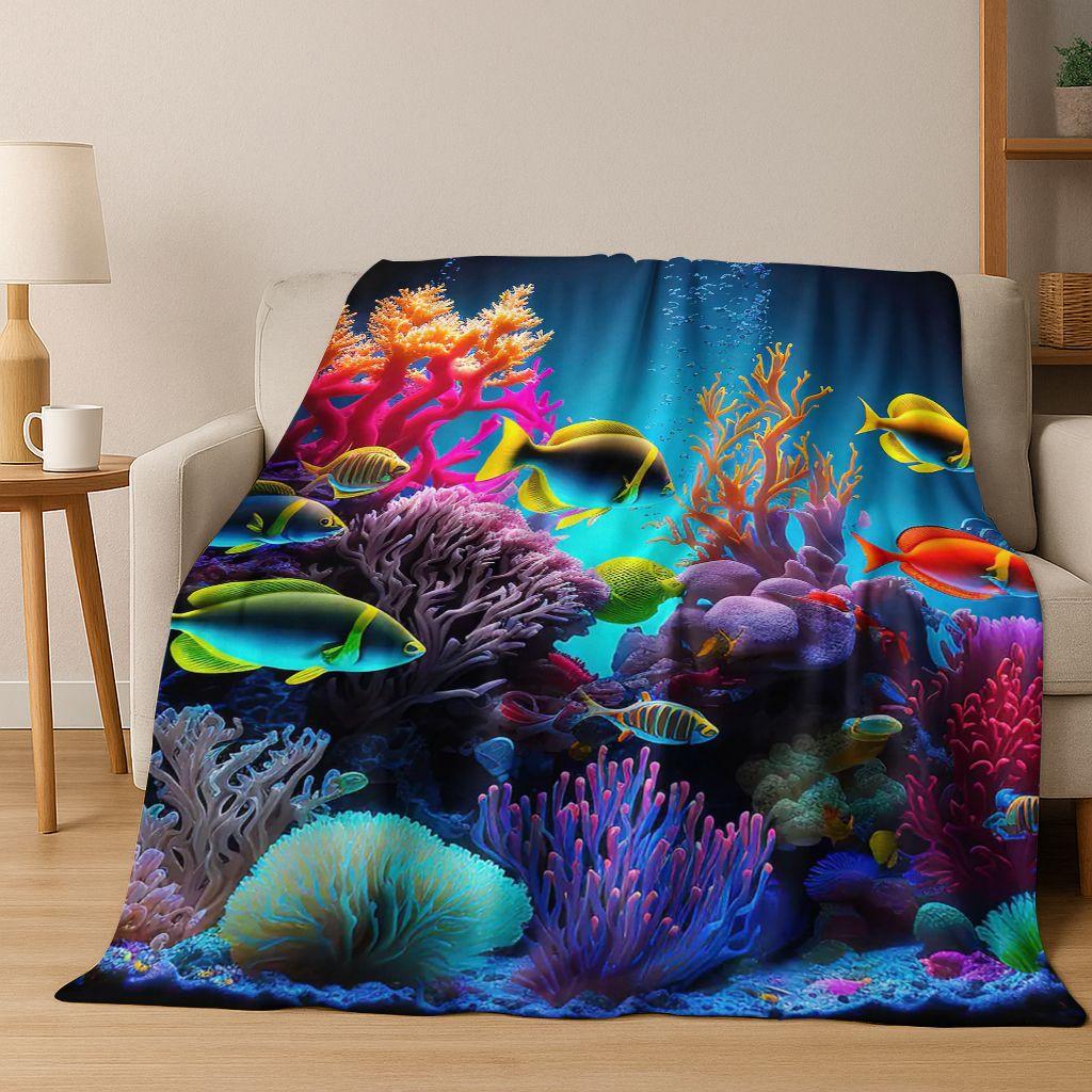 2026 New Underwater World Sea Dolphin Turtle Coral Art Flannel Blanket,Cozy Soft Throw Blanket for Home Bedroom Bed Sofa Kids
