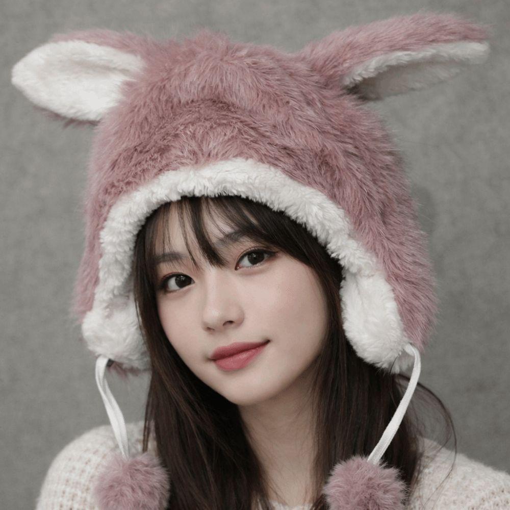 Fluffy Cute Rabbit Ear Hat Windproof Ear Protection Hat Winter Faux Fur Bucket Hat Girls
