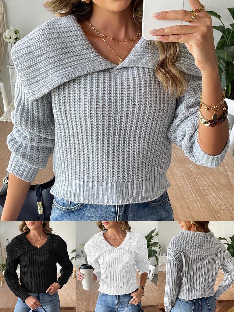 European and American Women's Large Lapel Knitted Pullover Sweater - Autumn/Winter M695