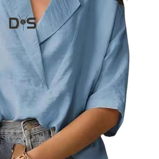 Dámská košile volného střihu s klopou, poloviční rukáv, jednobarevná, pulovr, topy v retro stylu, ležérní topy pro každodenní nošení