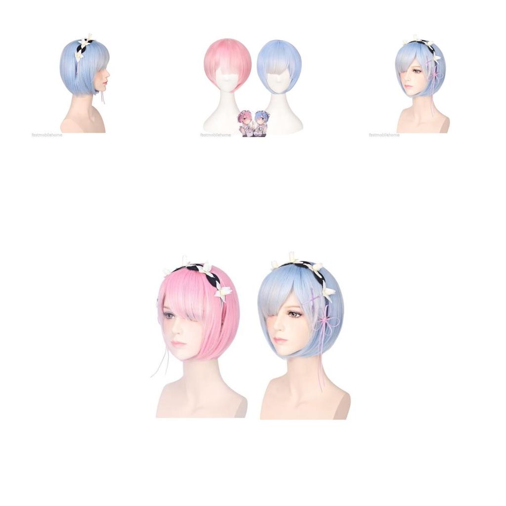 Premium Women Short Ram Rem Cosplay Wig With Stylish Adornment And Heat Resistant Synthetic Bob Hair