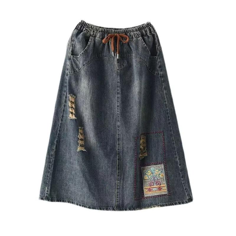 Džínová sukně do půl těla Dámská Letní Bavlna Výšivka Retro Vysoký pas Volná Ležérní Přiléhavé Středně dlouhé Šaty