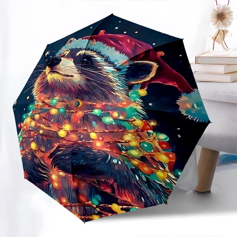 

1pc Christmas Raccoon with Santa Hat & Lights, Automatic Folding Umbrella, Portable 3-Fold Design, 8-Bone Iron Frame, Outdoor, Festive Gift for Fans,