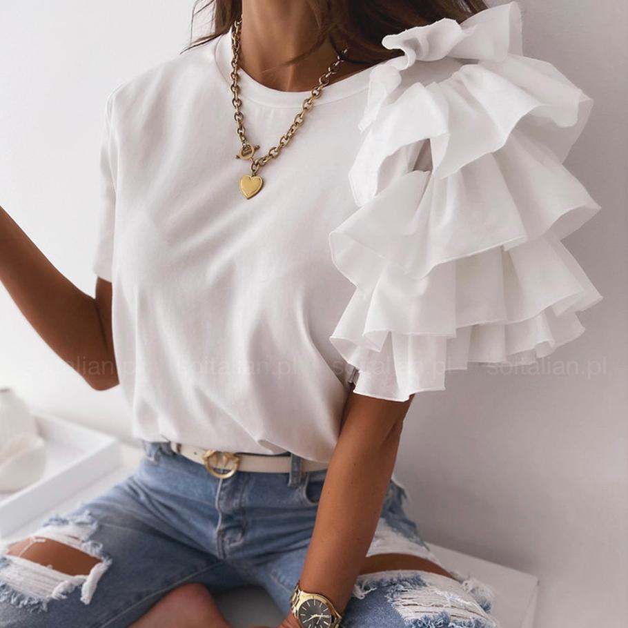 Summer Simple and Fashionable Ruffled Short-sleeved Round Neck Ladies T-shirt