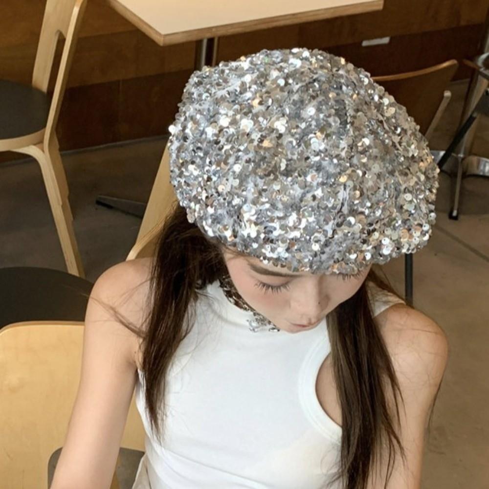Sparkling Fashion Painter Hat Trendy Lady Octagonal Cap Glitter Sequin Beret Outdoors Activities