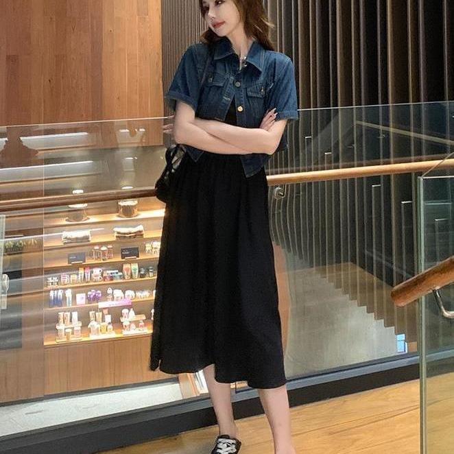 Hong Kong Retro Denim Short Jacket & Camisole Dress Set for Women - Summer Thin, Loose Fit, Short-Sleeved Two-Piece