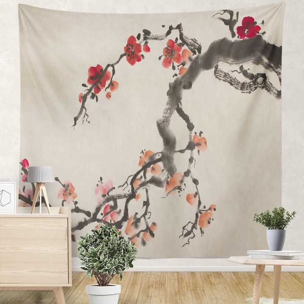 Red Pink Peach Blossom Plum Blossom Print Pattern Tapestry Home Living Room Dormitory Wall Decor Background Cloth Tapestry