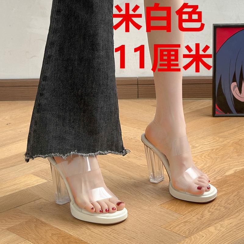 

Stepping on shit feeling thick-soled waterproof table transparent high heels women s 2025 new sexy crystal thick-heeled cool slippers summer wear 42