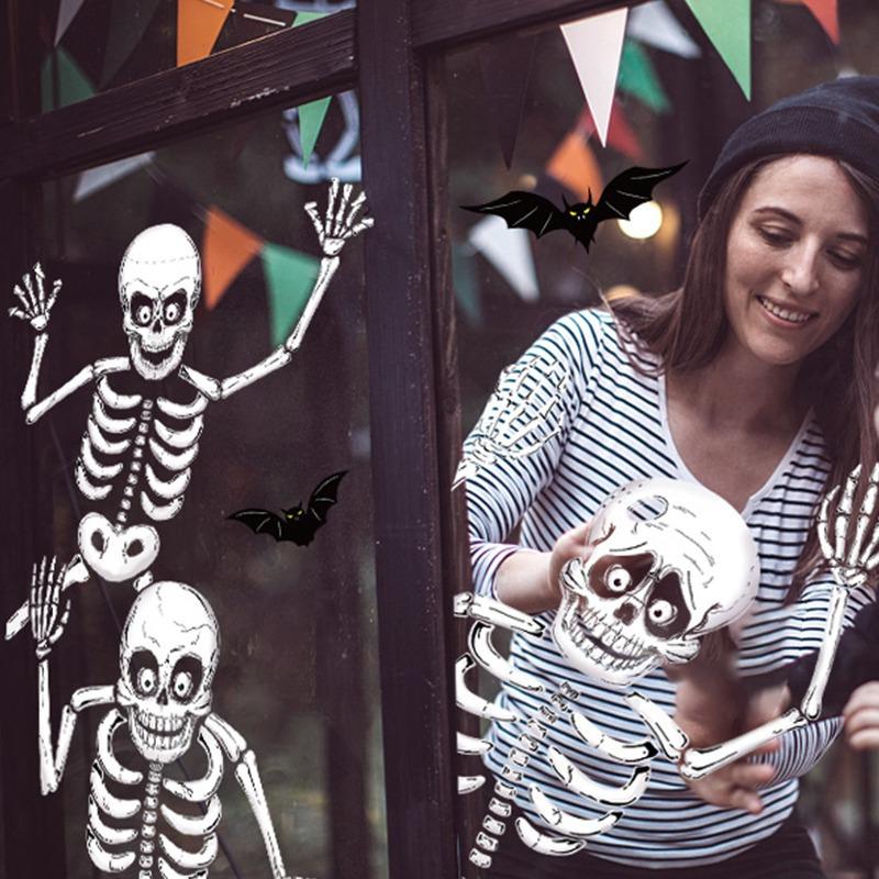 4er-Pack Halloween Skelett Fensteraufkleber, PVC statische Aufkleber für Halloween Party Dekoration, wiederverwendbare Fenster- und Wanddekoration