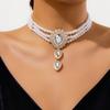 KunJoe Luxus Weißer Strass Tropfen Lange Choker Halskette Damen Vintage Mehrschichtige Imitationsperlen Perlenkette