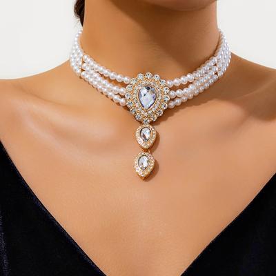 KunJoe  Luxury White Rhinestone Droplet Long Choker Necklace Women Vintage Multi-layer Imitation Pearl Beaded Necklace