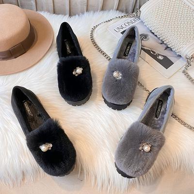 T552025 Mao Mao Shoes Women Wear Velvet Bean Shoes In Winter, Real Rabbit Fur One-pedal Cotton Shoes Women