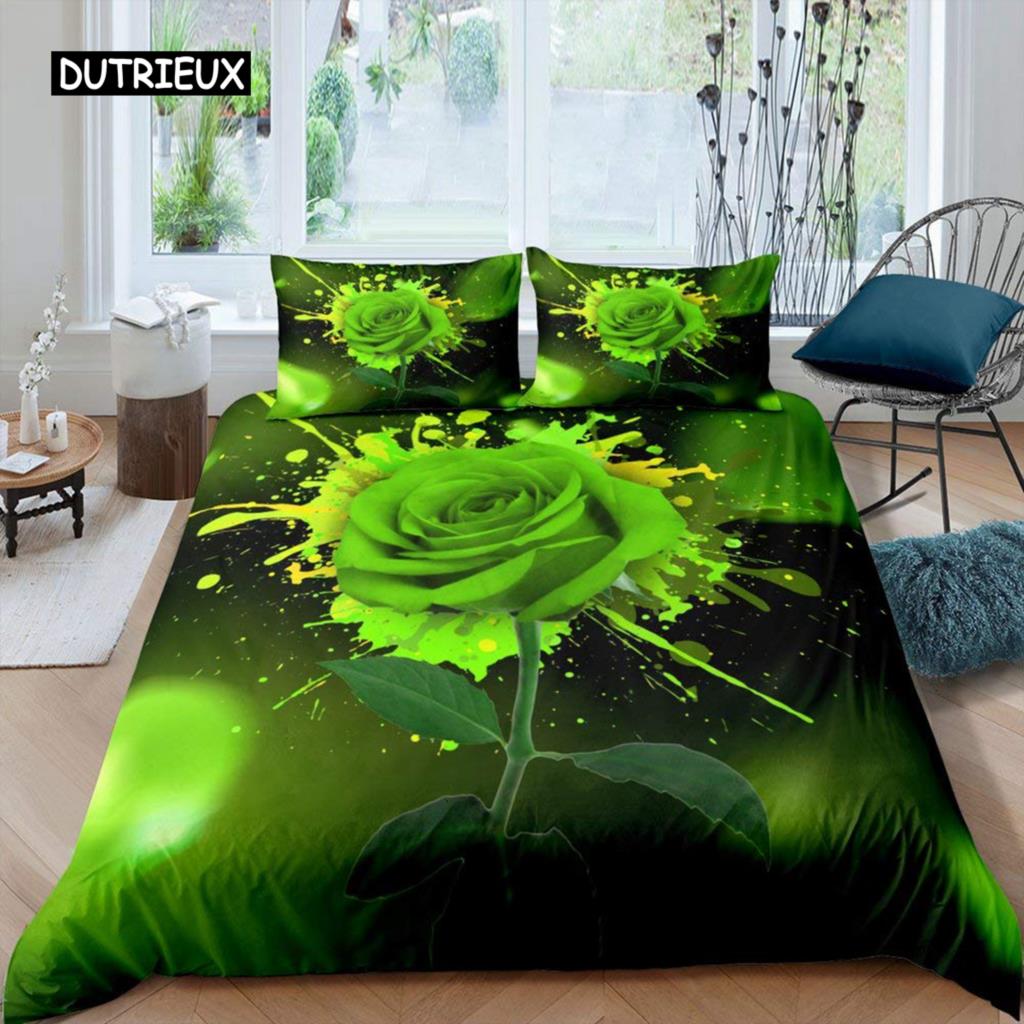 Rose Duvet Cover Set Women Chic Purple Floral Print Bedding Set Romantic Flowers Glitter King Size Comforter Cover for Couples