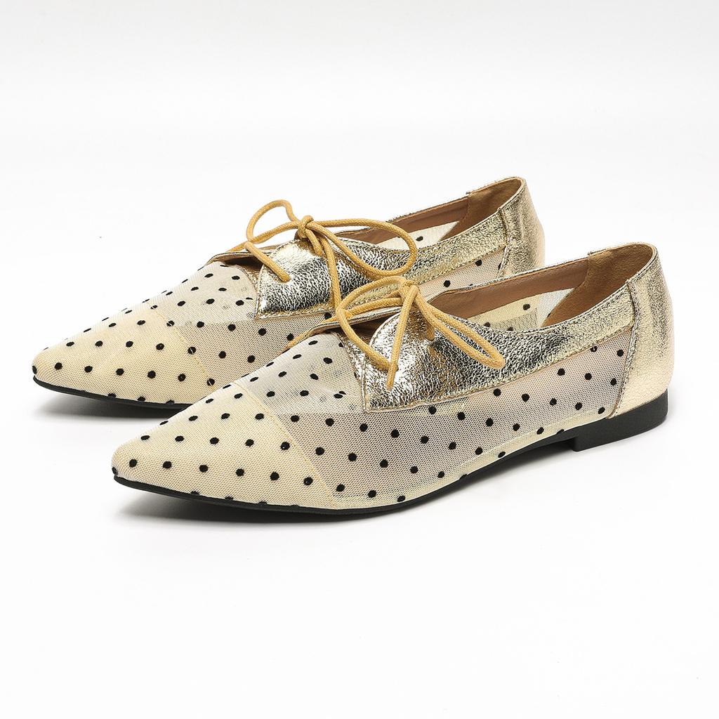 Fashion polka dot lace flat shoes woman pointed toe lace up summer shoes breathable mesh loafers women cutout mocasines big size 43
