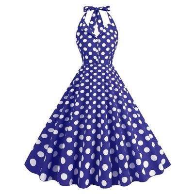 Women Evening Dress Retro Color Matching Dot Print A-line Big Swing Lace Up Backless Halter Neck V Neck Tight High Waist Button