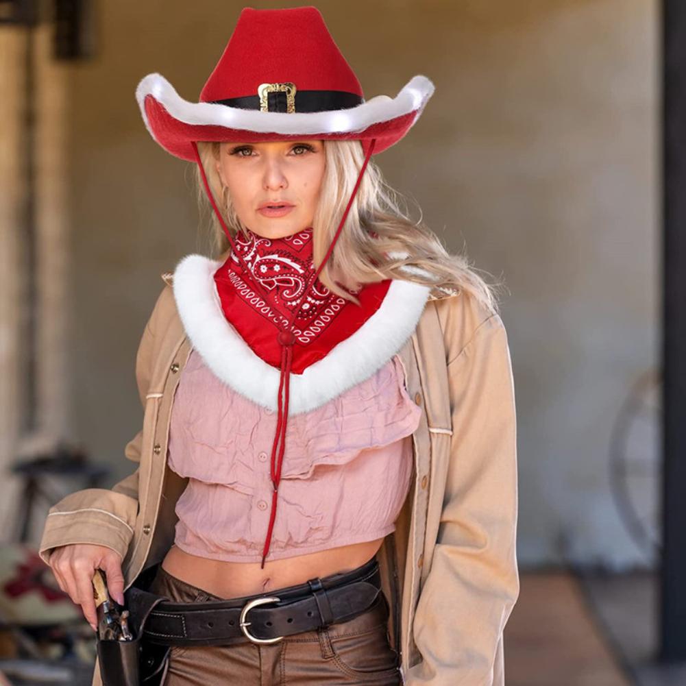 Módní vánoční kovbojské klobouky LED světelné červené sametové a bílé peří Santa klobouk pro ženy a dívky cosplay tiara novoroční večírek dekorace