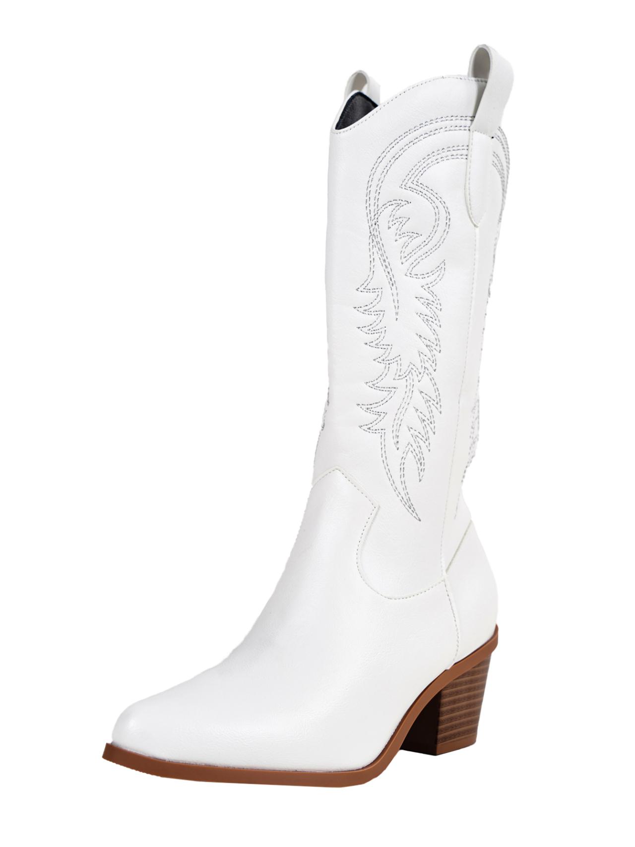 

Обувь женская 2024 новые женские сапоги без застежек модные вышитые современные сапоги женские горячая распродажа квадратный каблук туфли до середины икры женские 43 белый