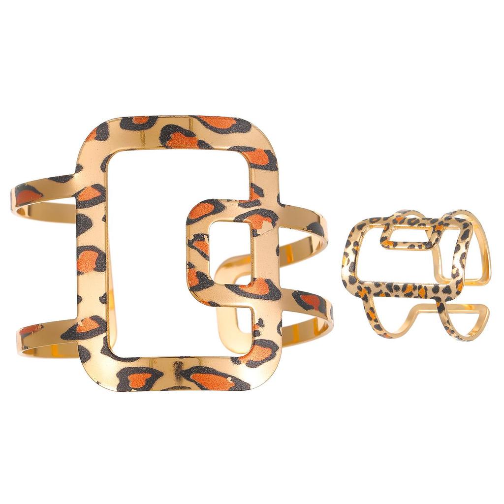 Bold Leopard Print Geometric Bangle & Ring Set - Adjustable Hand Jewelry for Women