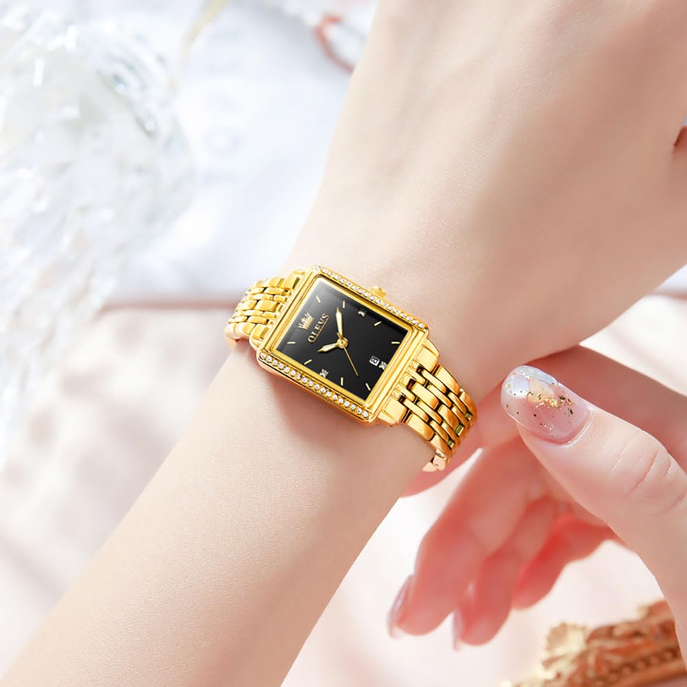 OLEVS Women's Square Gold Watch, Popular Women's Watch, Waterproof Quartz Movement, Analog Business Watch, Sparkling and Stylish, Lightweight, Metal