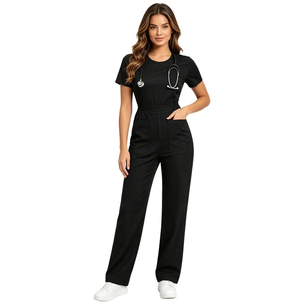 Women Scrubs Rompers Short Sleeve Front Big Patch Pockets Back Zipper Straight Wide Leg Jumpsuit Workwear for Doctor Nurse Medical Staff