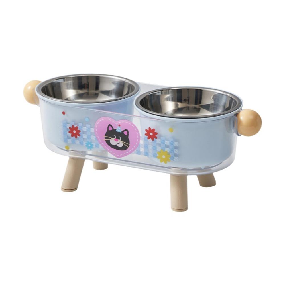 

Stainless Steel Elevated Cat Bowl Double Bowls Anti-Tipping Neck Protection Bowl Cartoon Neck Support Pet Food Bowl Easy Clean синий