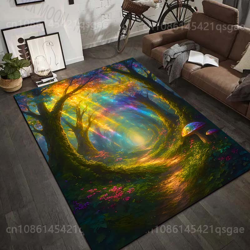 1PC Enchanted Rainbow Forest Path Print Carpet Rug for Living Room Bedroom Sofa Doormat Home Decor Non-slip Floor Mat
