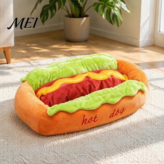 Einzigartige Haustierhöhle für Dackel Hot Dog Bett, Niedliches Gemütliches Kuschelbett mit Abnehmbarem Waschbarem Polster, Lustiges Kreatives Tierbett Wohnzimmer Brötchen Plüsch Kleine Hunde Katzen