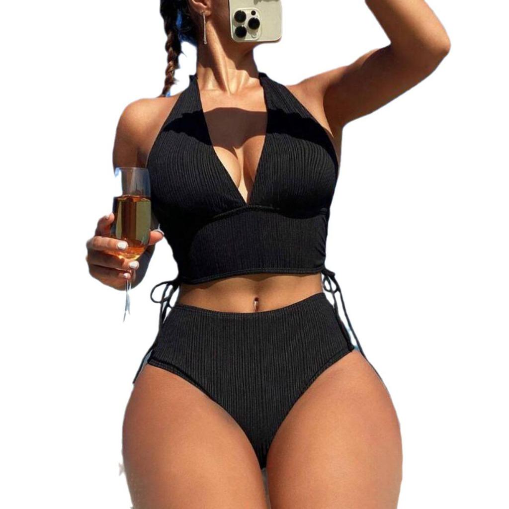 2024 Sanya Sexy Solid Lace-Up Halter Bikini Women's Swimsuit Hot Style