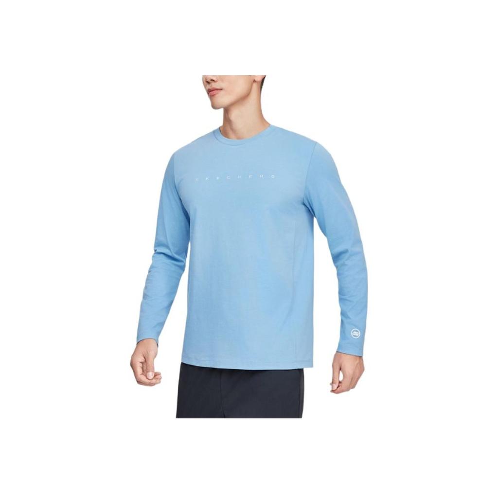 Skechers Solid Color Round Neck Pullover Casual Sports Quick-Dry Long Sleeve T-Shirt Men Tops Temptation-Blue P224M086-00MU