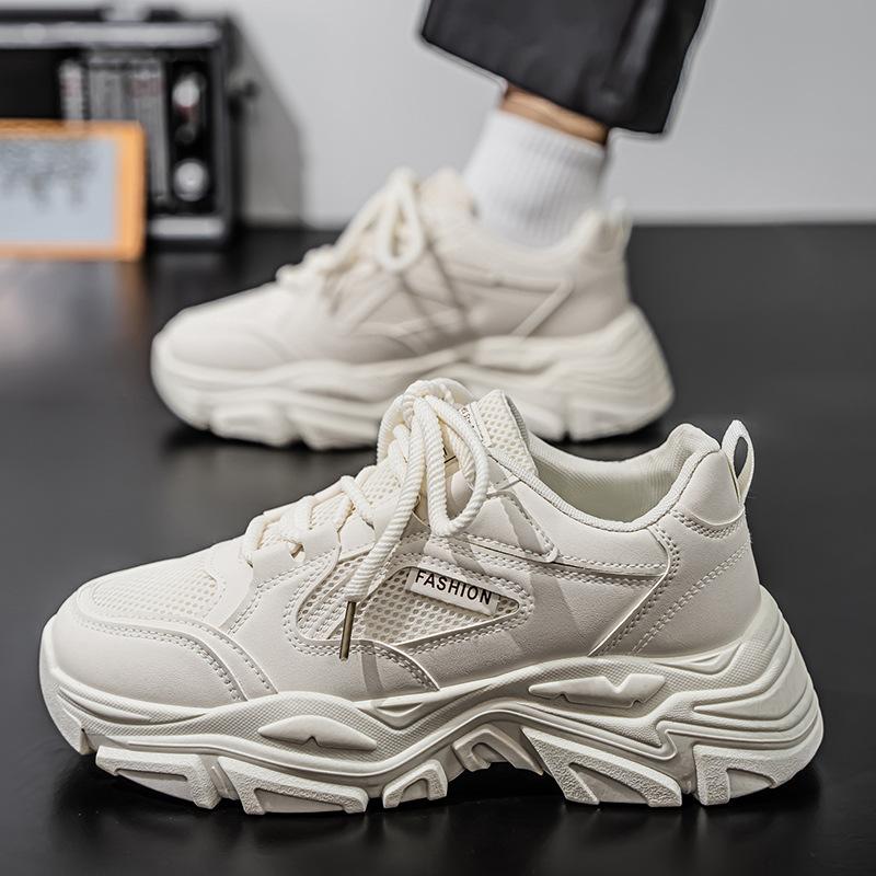 

Men s shoes spring and summer versatile students casual mesh sports running thick sole heightening black dad tide white shoes non-slip 39