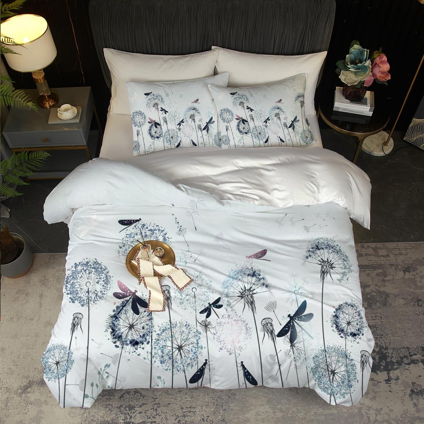 

Blue Dandelion And Dragonfly Pattern 3D Printed Down Duvet Cover, Soft And Comfortable Bedding Cover 135x200cm 2pcs