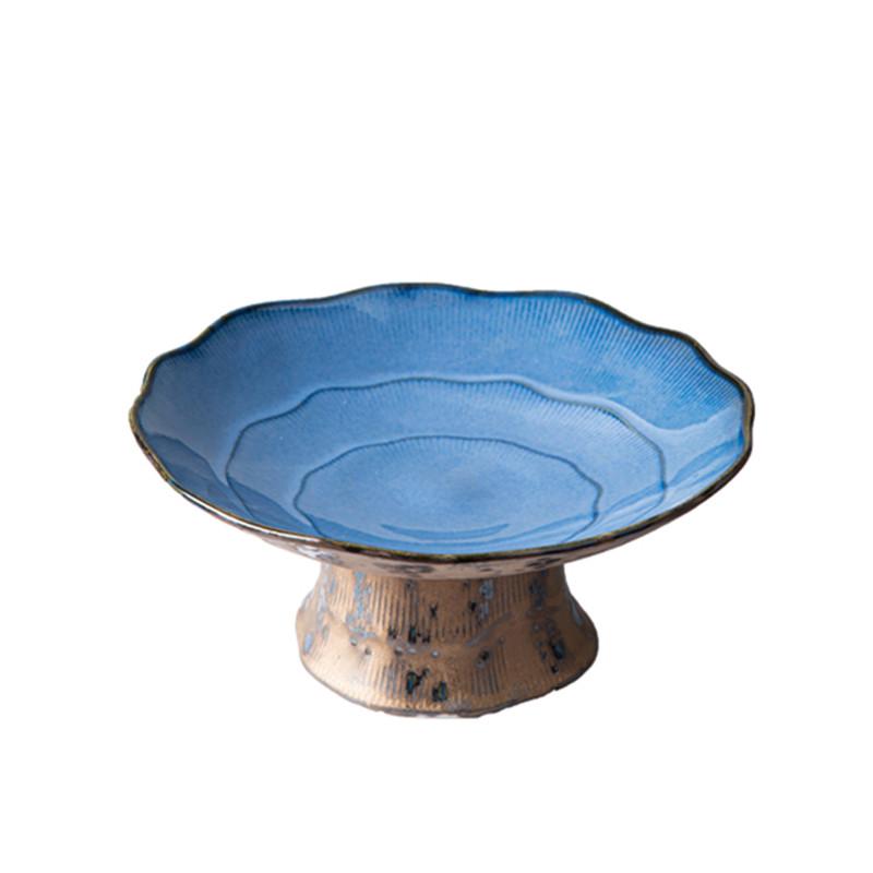 Chinese Style High Legged Dim Sum Plate Vintage Ceramic Fruit Plate Household Living Room Candy Snack Plate Kitchen Tableware
