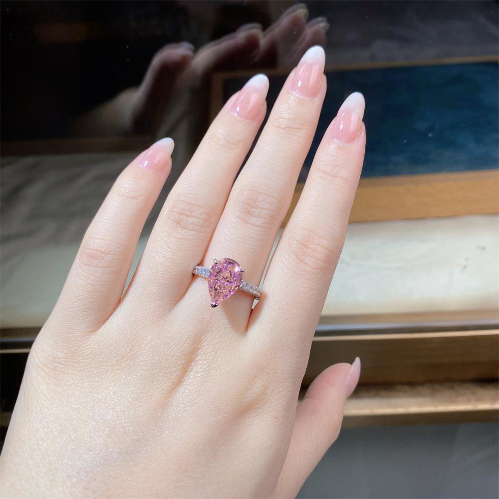 Nine Beauty Jewelry Teardrop Zircon Ring: S925 Sterling Silver, Pink High-Carbon Diamond, European & American Ice Flower Cut.