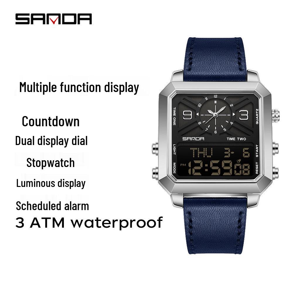 Sanda Men s Square Luminous Waterproof Watch with Dual Display & Multifunctional Timer