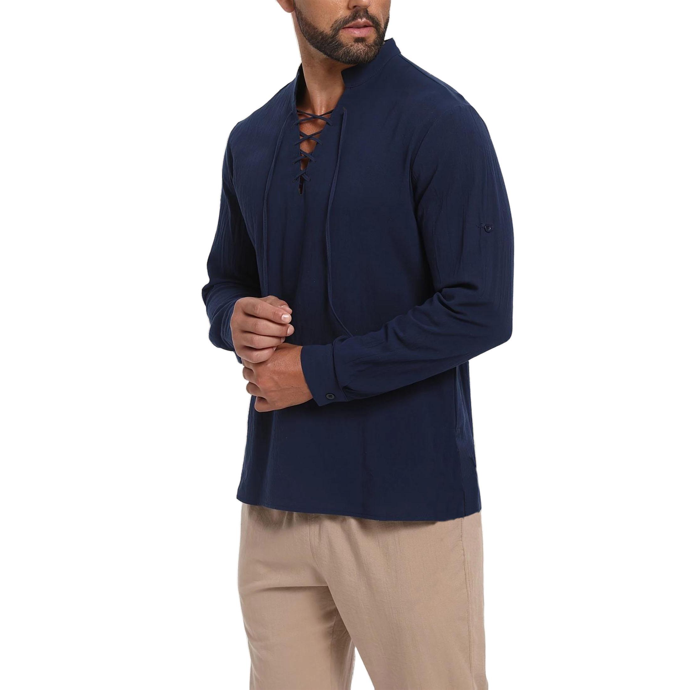 

Мужская повседневная рубашка на шнуровке, летний пляжный стиль, смесь хлопка и льна, V-образный вырез, топы на кулиске, повседневная, универсальная, практичная XXXL тёмно-синий