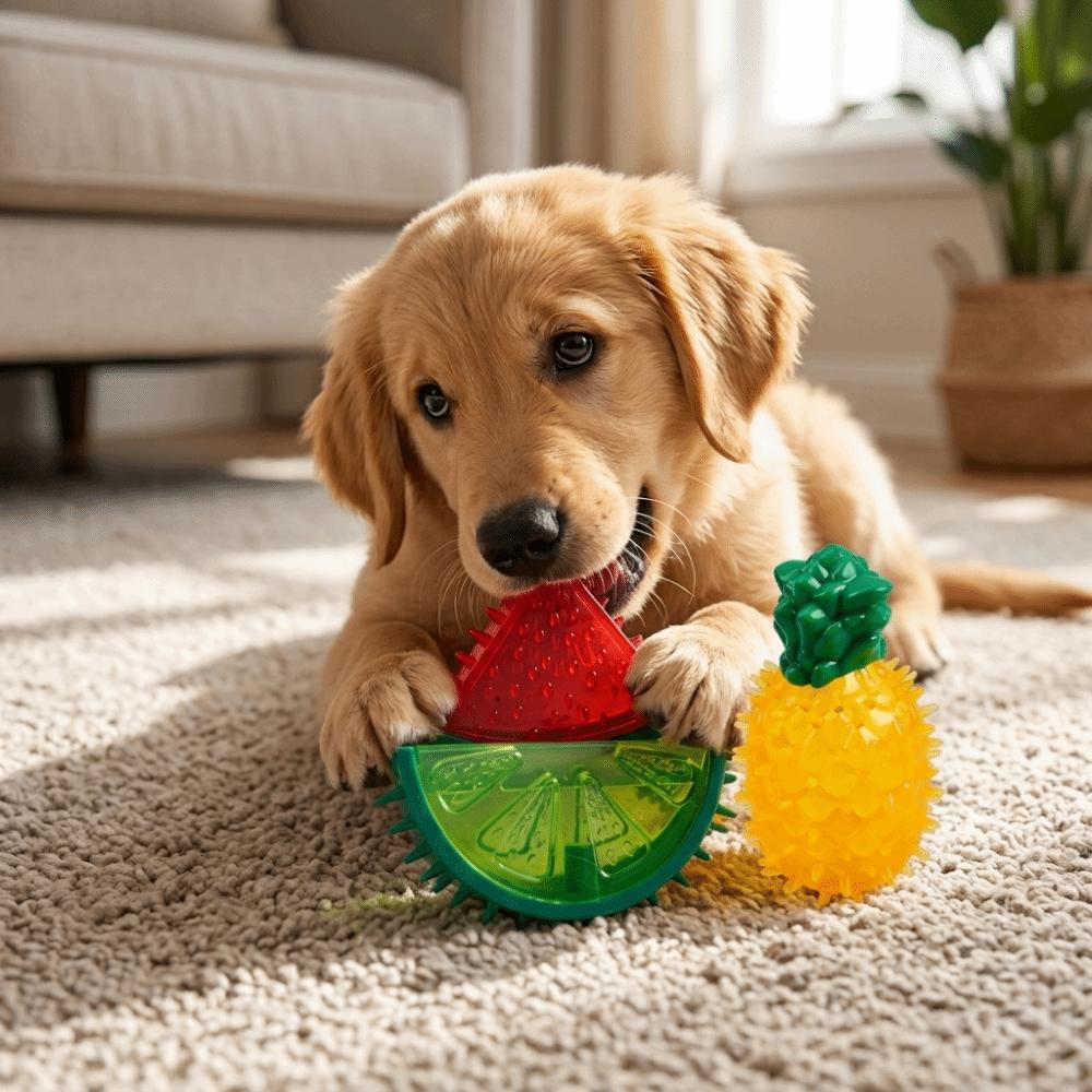 Elastic Surface Cooling Chew Toy Multi Shades Fruit Chew Toy Squeaky Dog Toy  Puppy Teething