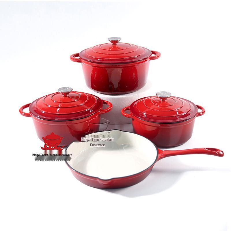Enamel 4-Piece Cookware Set: Soup Pot, Stew Pot, Frying Pan, Non-Stick Pan for Home Use