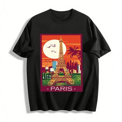 Vintage Paris Eiffel Tower City Print Casual T-Shirt Pure Cotton T-shirt