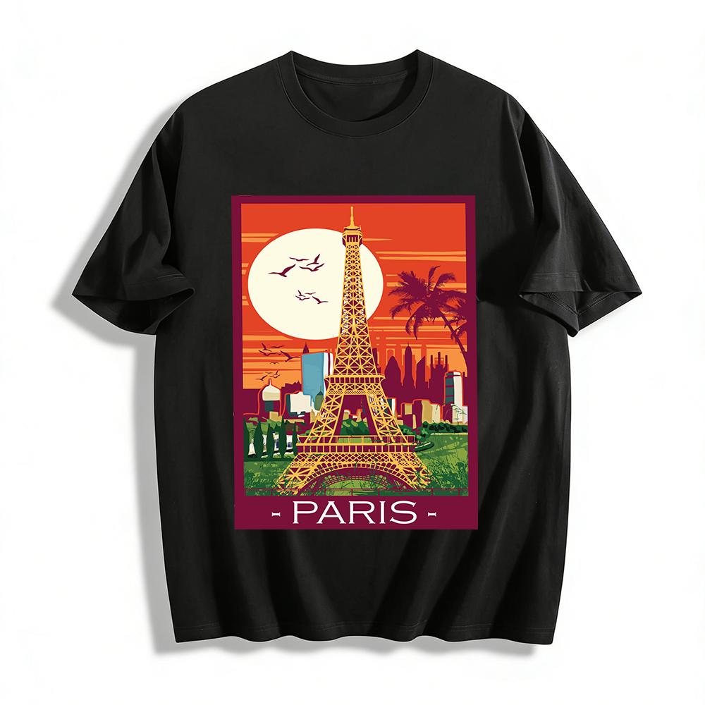Vintage Paris Eiffel Tower City Print Casual T-Shirt Pure cotton T-shirt XXS